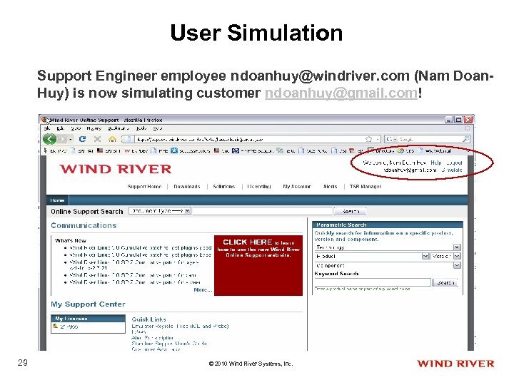 User Simulation Support Engineer employee ndoanhuy@windriver. com (Nam Doan. Huy) is now simulating customer