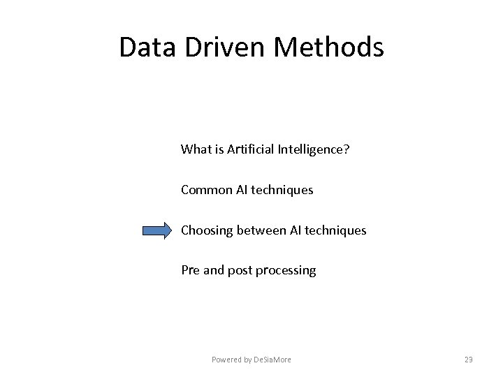 Data Driven Methods What is Artificial Intelligence? Common AI techniques Choosing between AI techniques