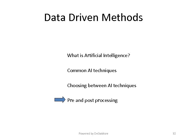 Data Driven Methods What is Artificial Intelligence? Common AI techniques Choosing between AI techniques