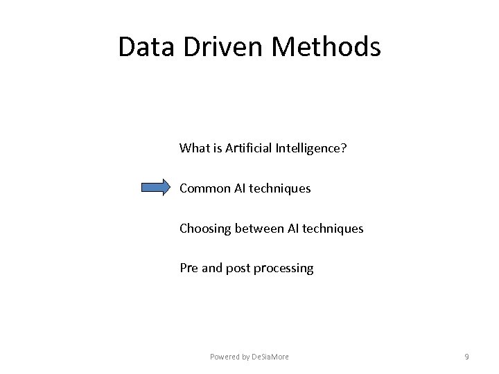 Data Driven Methods What is Artificial Intelligence? Common AI techniques Choosing between AI techniques