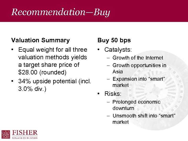 Recommendation—Buy Valuation Summary Buy 50 bps • Equal weight for all three • Catalysts: