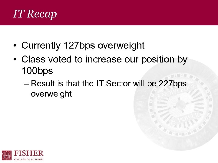 IT Recap • Currently 127 bps overweight • Class voted to increase our position