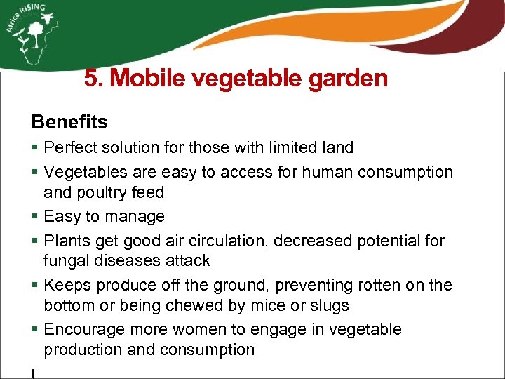 5. Mobile vegetable garden Benefits § Perfect solution for those with limited land §