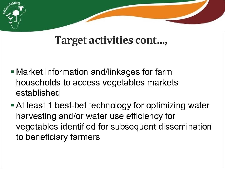 Target activities cont…, § Market information and/linkages for farm households to access vegetables markets