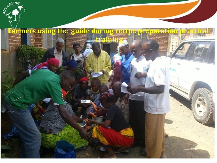 Farmers using the guide during recipe preparation practical training 