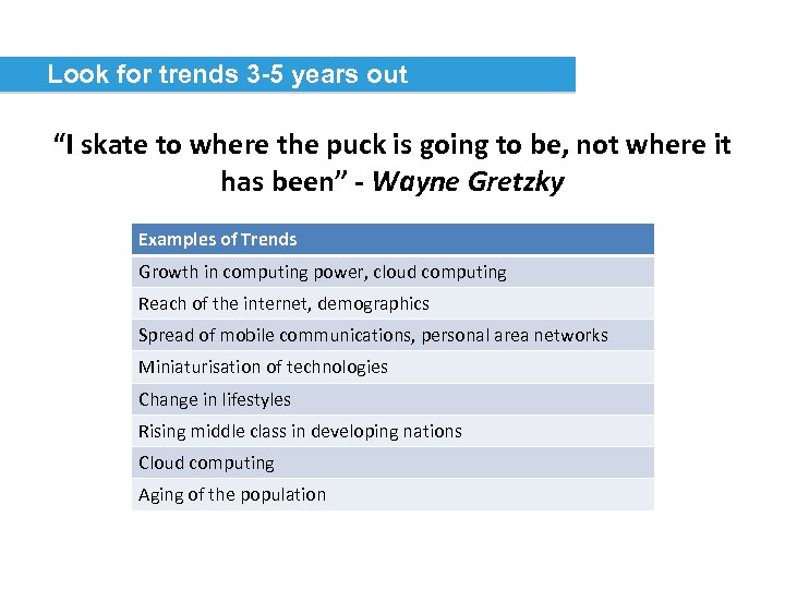Look for trends 3 -5 years out “I skate to where the puck is