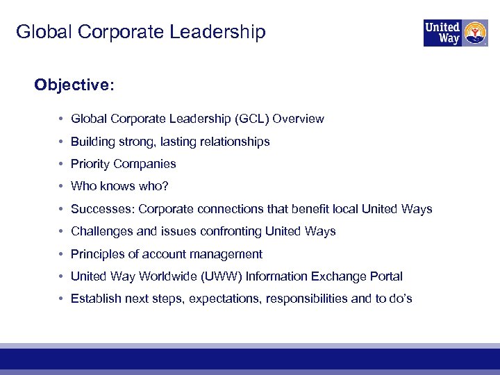 Global Corporate Leadership Objective: • Global Corporate Leadership (GCL) Overview • Building strong, lasting