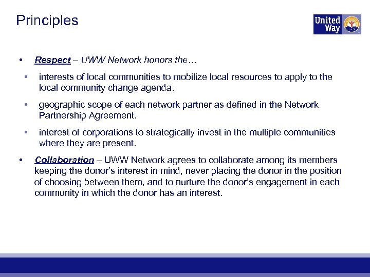 Principles • Respect – UWW Network honors the… § § geographic scope of each