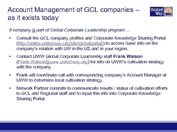 Account Management of GCL companies – as it exists today If company is part