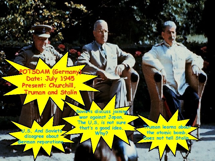 POTSDAM (Germany) Date: July 1945 Present: Churchill, Truman and Stalin U. S. And Soviets