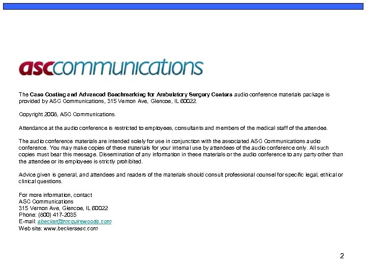 The Case Costing and Advanced Benchmarking for Ambulatory Surgery Centers audio conference materials package