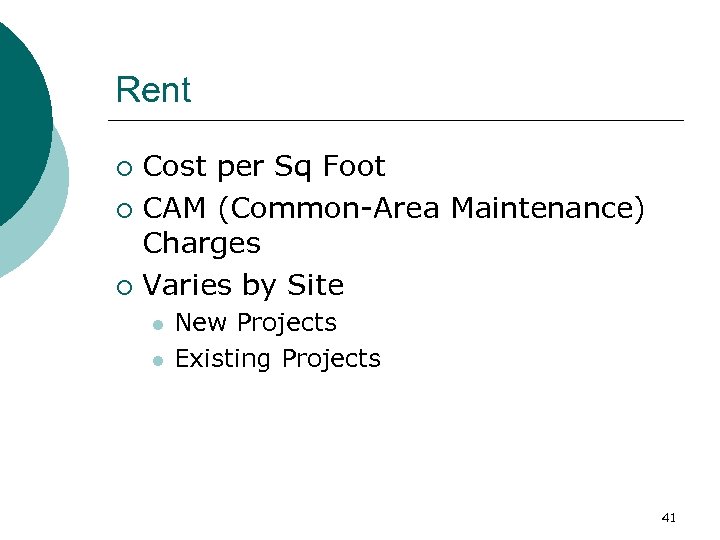 Rent Cost per Sq Foot ¡ CAM (Common-Area Maintenance) Charges ¡ Varies by Site