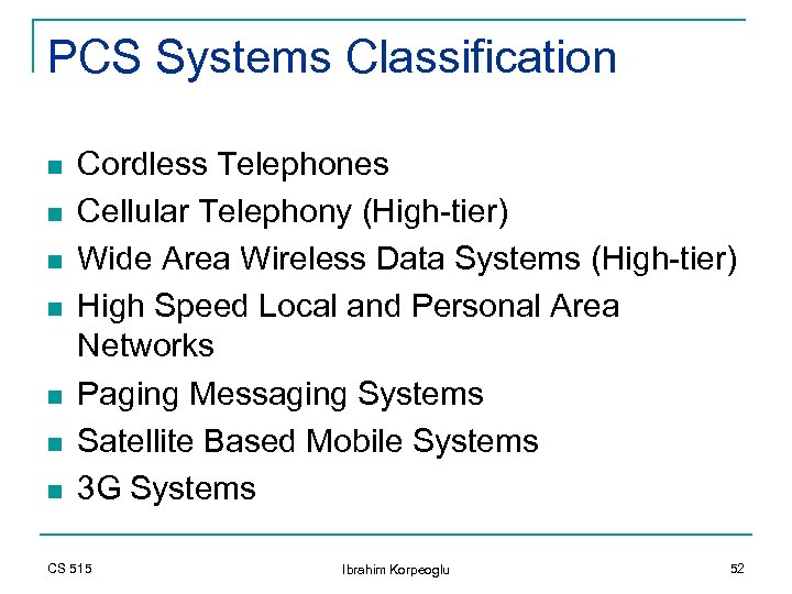 PCS Systems Classification n n n Cordless Telephones Cellular Telephony (High-tier) Wide Area Wireless