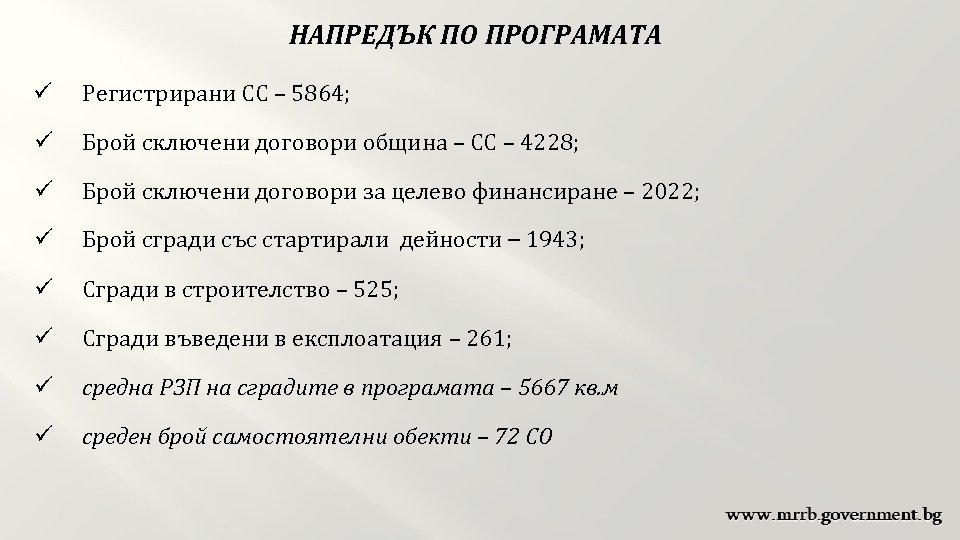 НАПРЕДЪК ПО ПРОГРАМАТА ü Регистрирани СС – 5864; ü Брой сключени договори община –