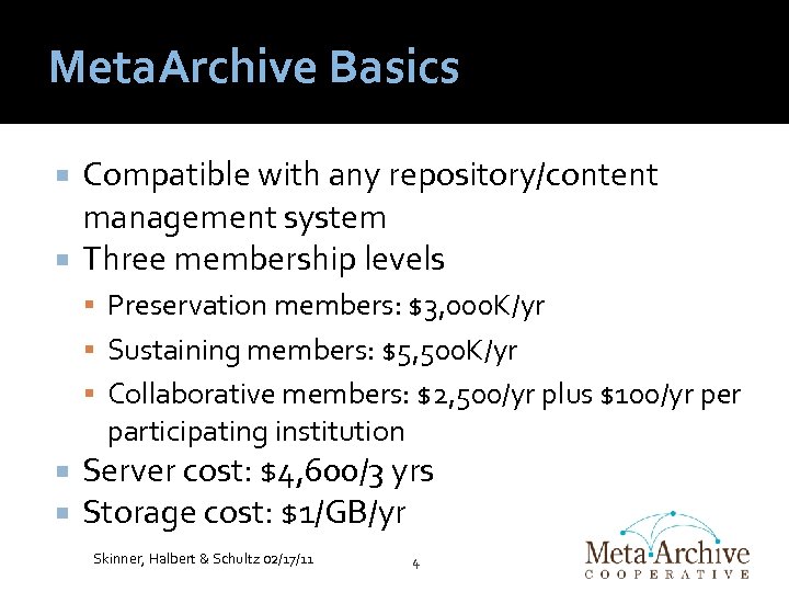 Meta. Archive Basics Compatible with any repository/content management system Three membership levels Preservation members: