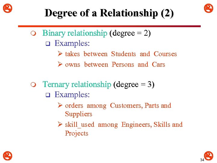  Degree of a Relationship (2) m Binary relationship (degree = 2) q Examples: