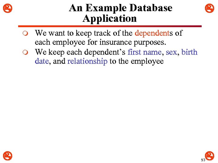 An Example Database Application m m We want to keep track of the dependents