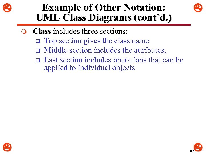 Example of Other Notation: UML Class Diagrams (cont’d. ) m Class includes three sections: