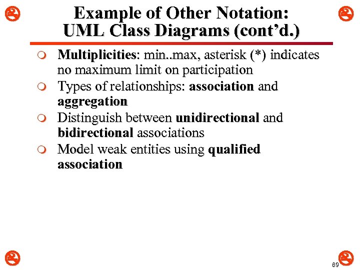 Example of Other Notation: UML Class Diagrams (cont’d. ) m m Multiplicities: min. .