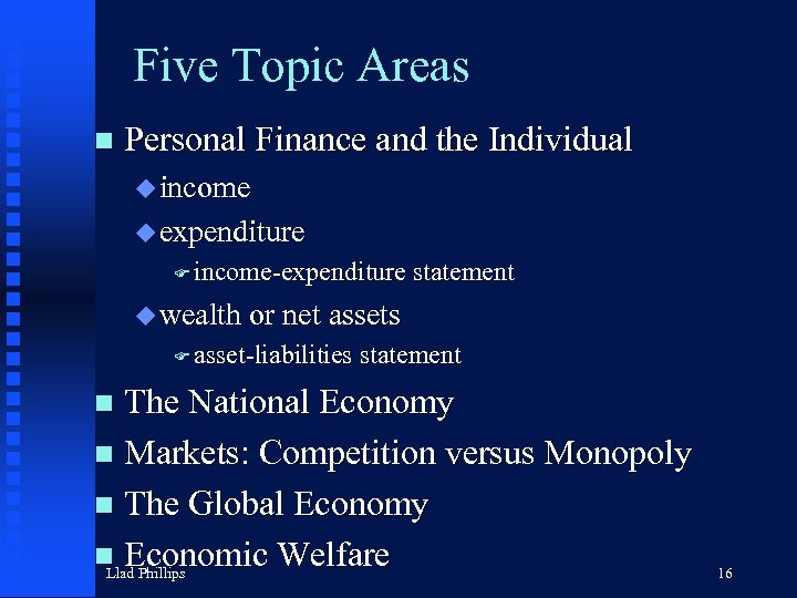 Five Topic Areas n Personal Finance and the Individual u income u expenditure F