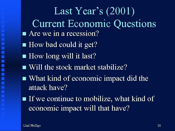 Last Year’s (2001) Current Economic Questions Are we in a recession? n How bad