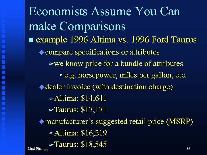 Economists Assume You Can make Comparisons n example 1996 Altima vs. 1996 Ford Taurus