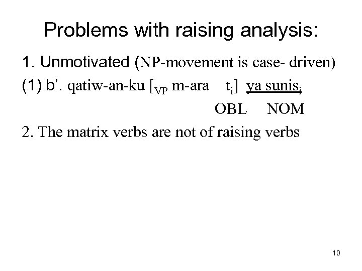 Problems with raising analysis: 1. Unmotivated (NP-movement is case- driven) (1) b’. qatiw-an-ku [VP