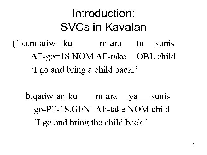 Introduction: SVCs in Kavalan (1)a. m-atiw=iku m-ara tu sunis AF-go=1 S. NOM AF-take OBL