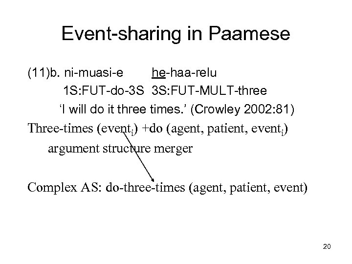 Event-sharing in Paamese (11)b. ni-muasi-e he-haa-relu 1 S: FUT-do-3 S 3 S: FUT-MULT-three ‘I