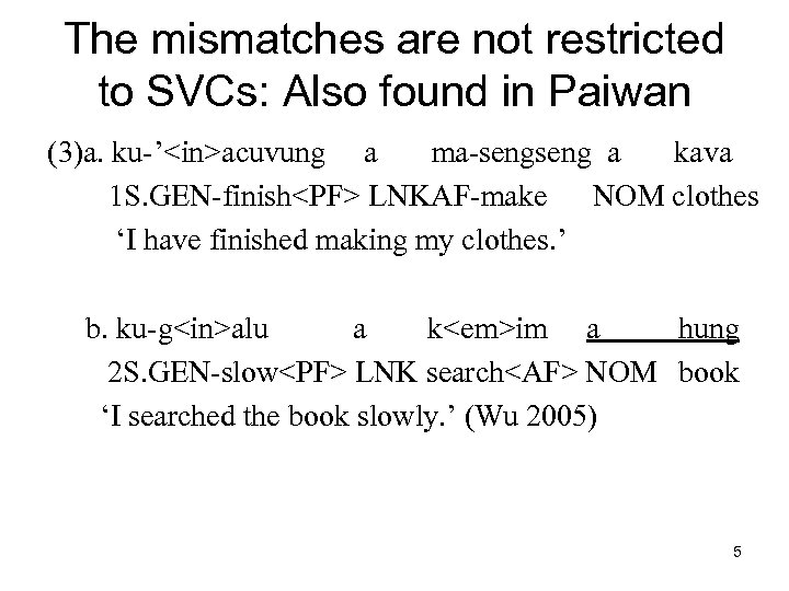 The mismatches are not restricted to SVCs: Also found in Paiwan (3)a. ku-’<in>acuvung a