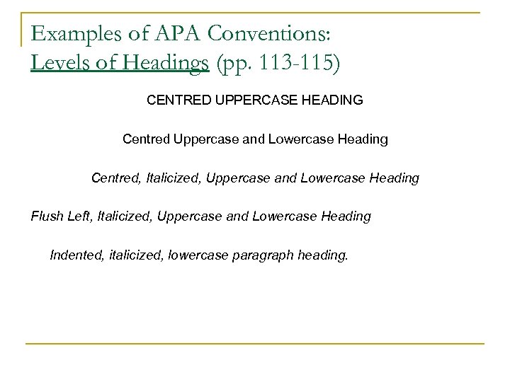 Examples of APA Conventions: Levels of Headings (pp. 113 -115) CENTRED UPPERCASE HEADING Centred