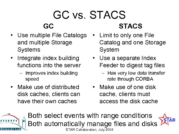 GC vs. STACS GC STACS • Use multiple File Catalogs • Limit to only
