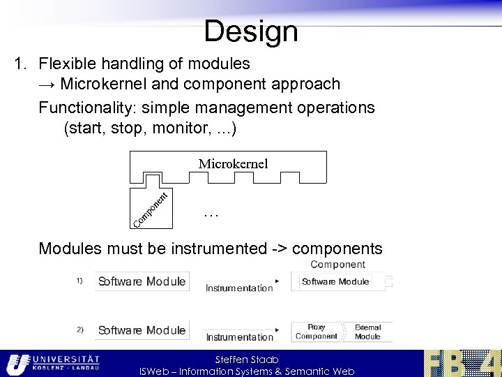 Design 1. Flexible handling of modules → Microkernel and component approach Functionality: simple management