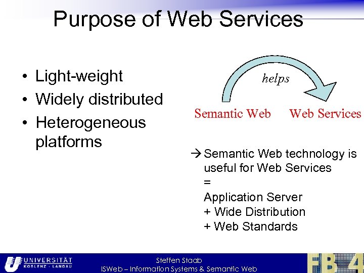 Purpose of Web Services • Light-weight • Widely distributed • Heterogeneous platforms helps Semantic