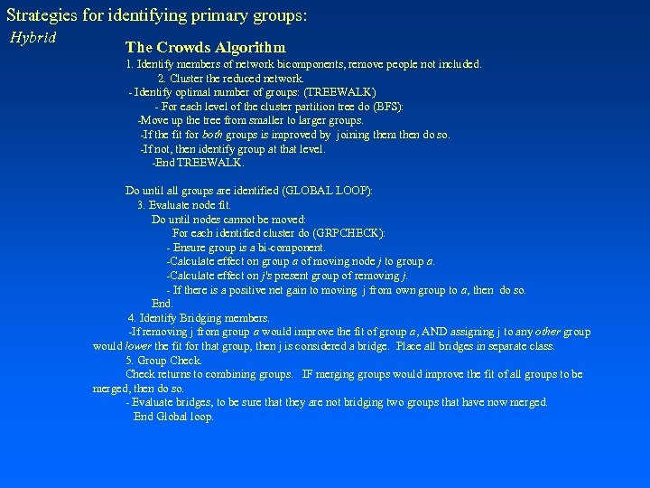 Strategies for identifying primary groups: Hybrid The Crowds Algorithm 1. Identify members of network