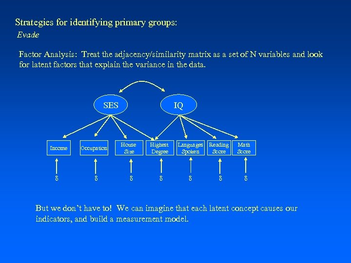 Strategies for identifying primary groups: Evade Factor Analysis: Treat the adjacency/similarity matrix as a