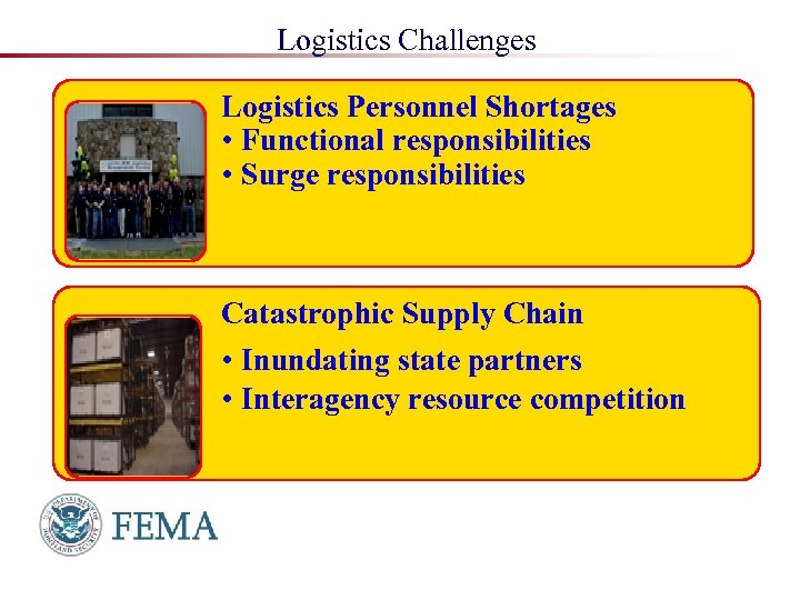 Logistics Challenges Logistics Personnel Shortages • Functional responsibilities • Surge responsibilities Catastrophic Supply Chain
