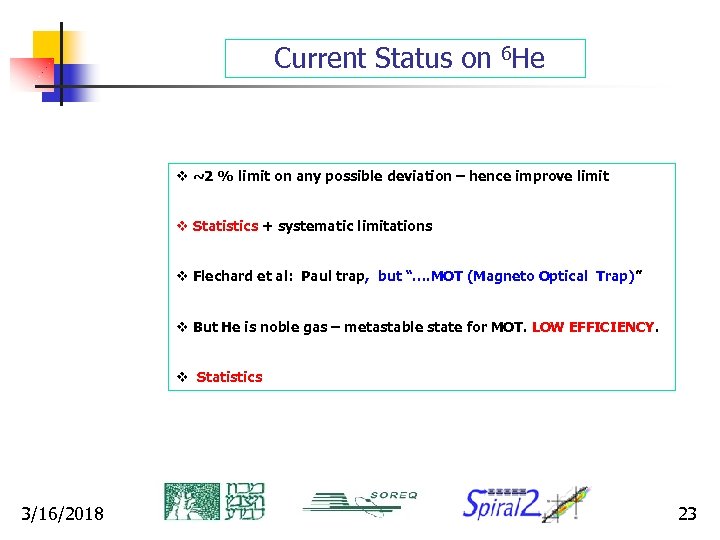 Current Status on 6 He v ~2 % limit on any possible deviation –