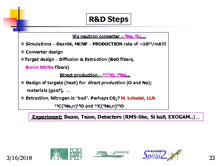 R&D Steps Via neutron converter – 6 He, 8 Li, . . v Simulations