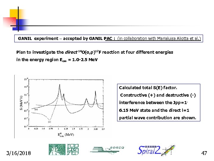 GANIL experiment – accepted by GANIL PAC : (in collaboration with Marialuisa Aliotta et