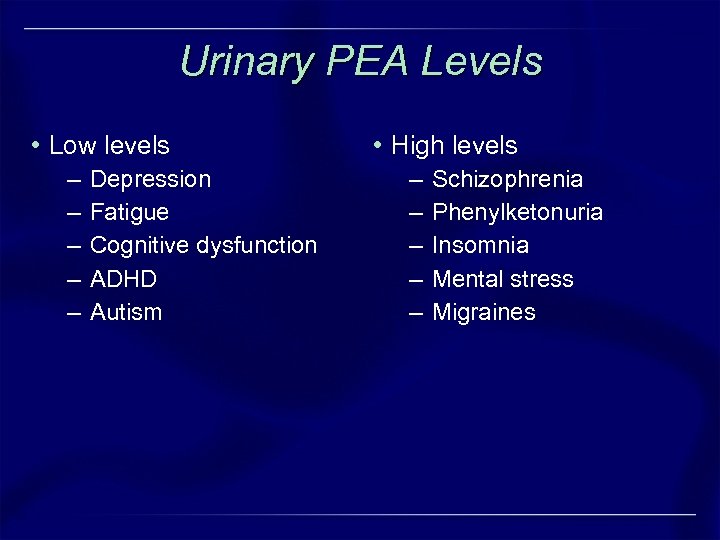 Urinary PEA Levels • Low levels – – – Depression Fatigue Cognitive dysfunction ADHD