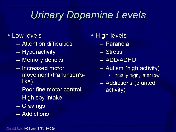 Urinary Dopamine Levels • Low levels – – – – Attention difficulties Hyperactivity Memory