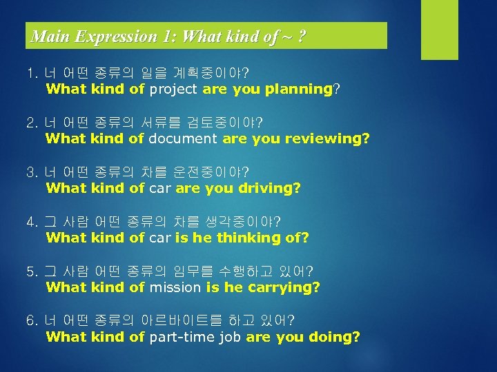 Main Expression 1: What kind of ~ ? 1. 너 어떤 종류의 일을 계획중이야?