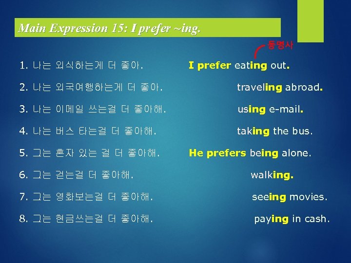 Main Expression 15: I prefer ~ing. 동명사 1. 나는 외식하는게 더 좋아. I prefer