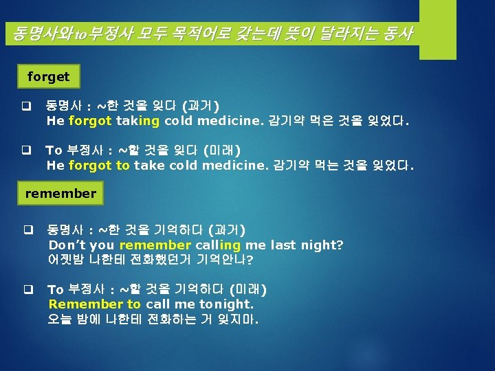 동명사와 to부정사 모두 목적어로 갖는데 뜻이 달라지는 동사 forget q 동명사 : ~한 것을