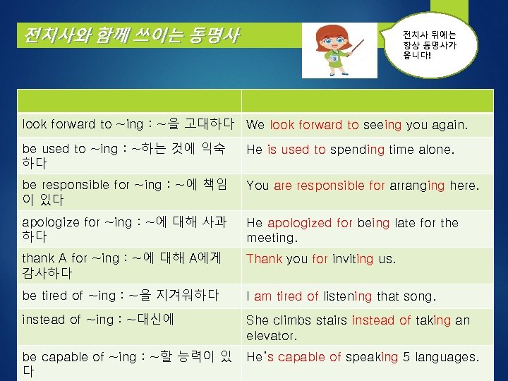 전치사와 함께 쓰이는 동명사 전치사 뒤에는 항상 동명사가 옵니다! look forward to ~ing :