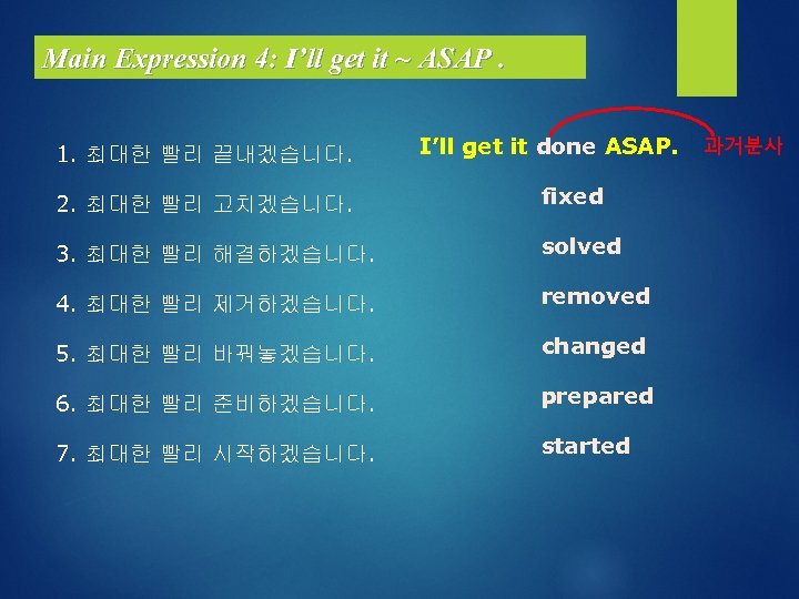 Main Expression 4: I’ll get it ~ ASAP. 1. 최대한 빨리 끝내겠습니다. I’ll get