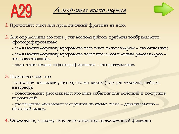 Алгоритм выполнения 1. Прочитайте текст или предложенный фрагмент из него. 2. Для определения его