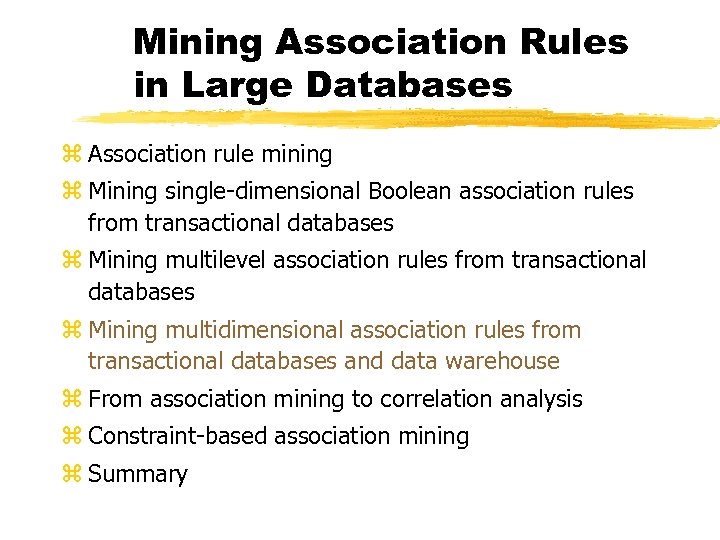 Mining Association Rules in Large Databases z Association rule mining z Mining single-dimensional Boolean