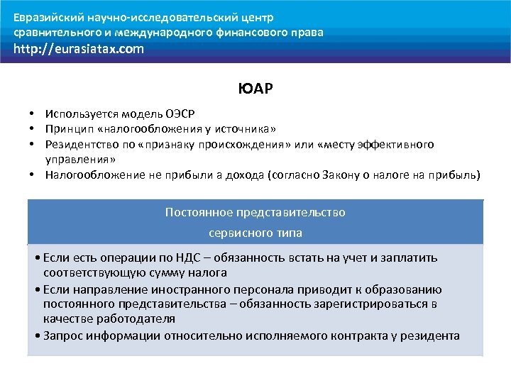 Евразийский научно-исследовательский центр сравнительного и международного финансового права http: //eurasiatax. com ЮАР • Используется